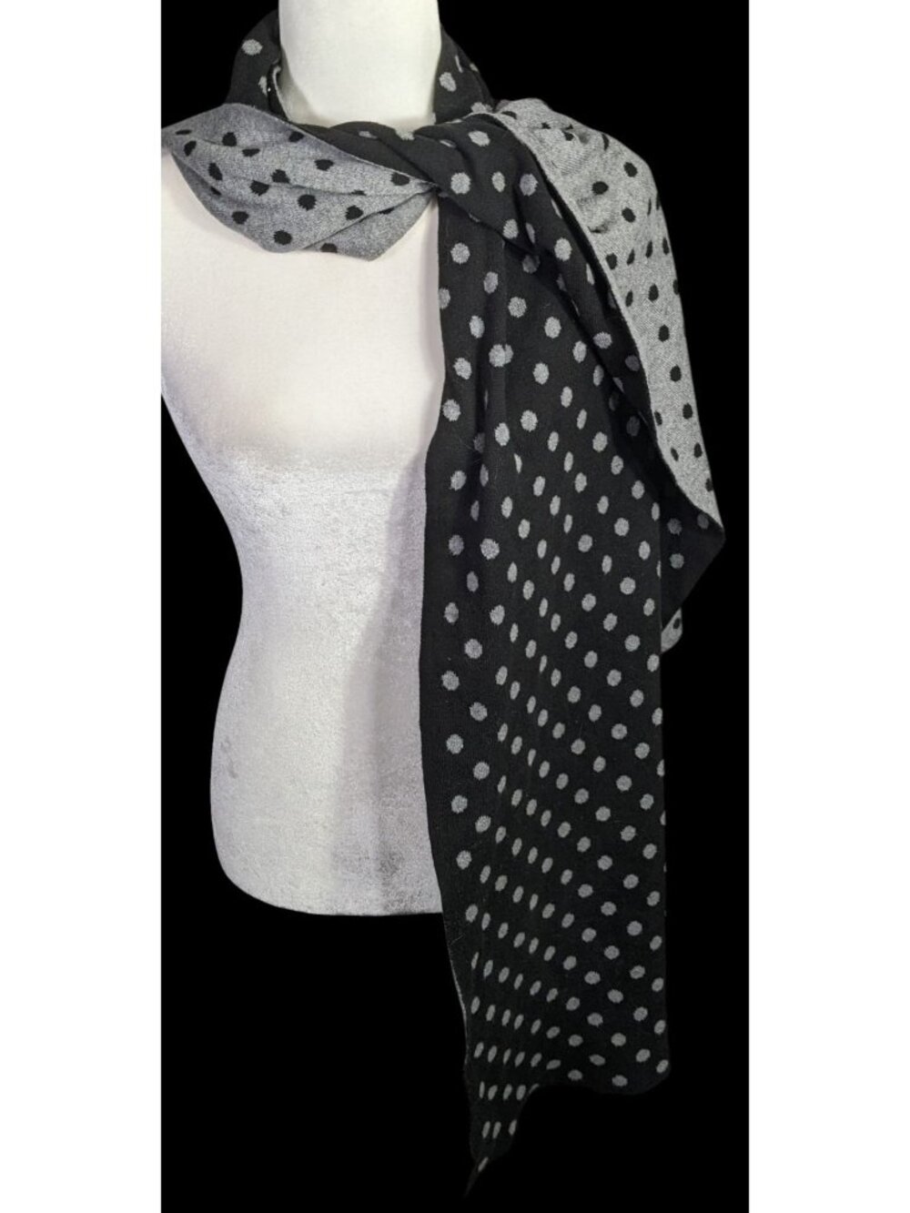 Darzzi Reversible Polka Dot Scarf 84"x15" Black & Gray Knit